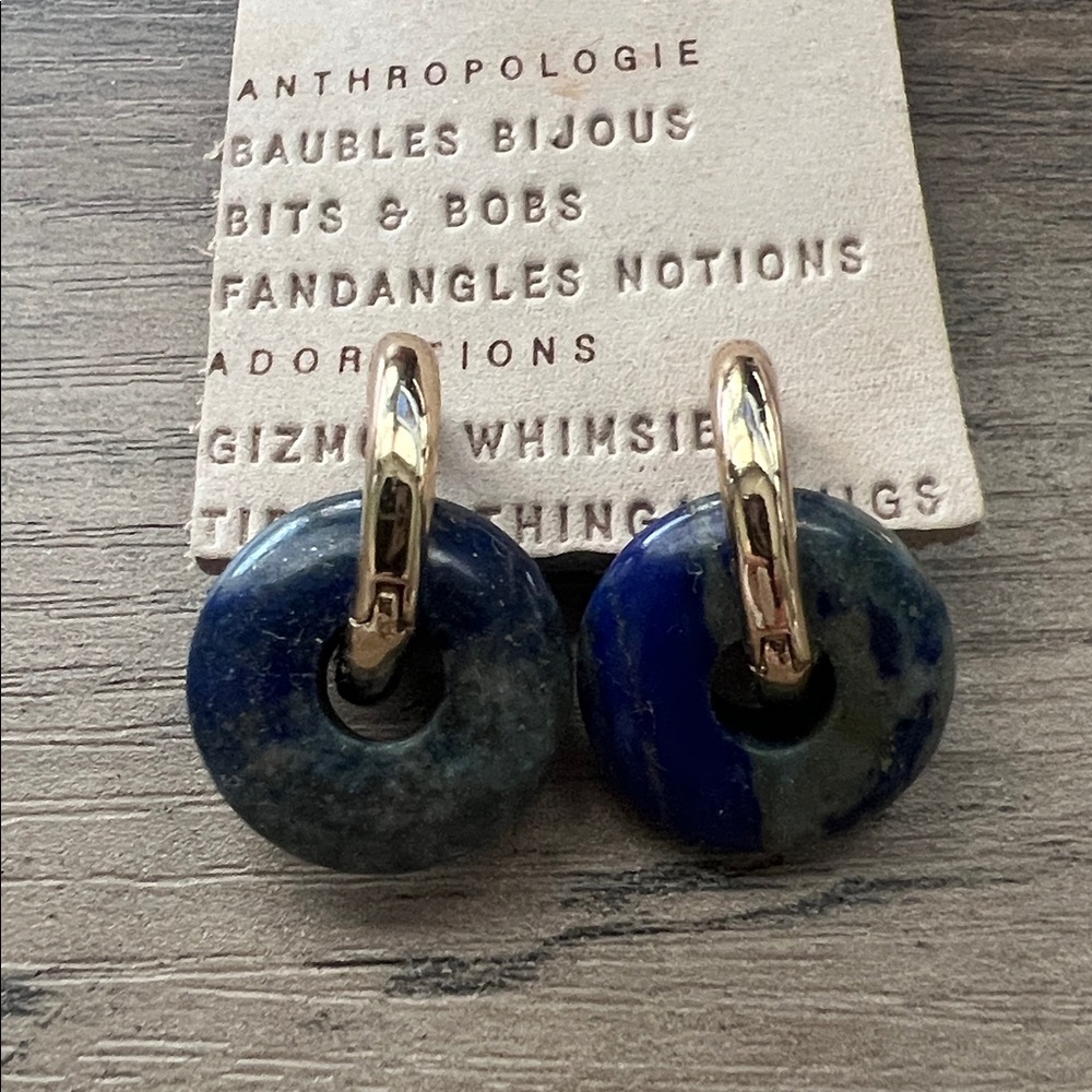 NWT Anthropologie Gold-toned Hoop Earrings with Deep Blue Stone Discs